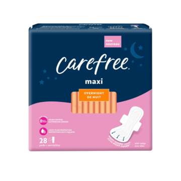 Carefree Overnight Maxi 28 pads with wings.