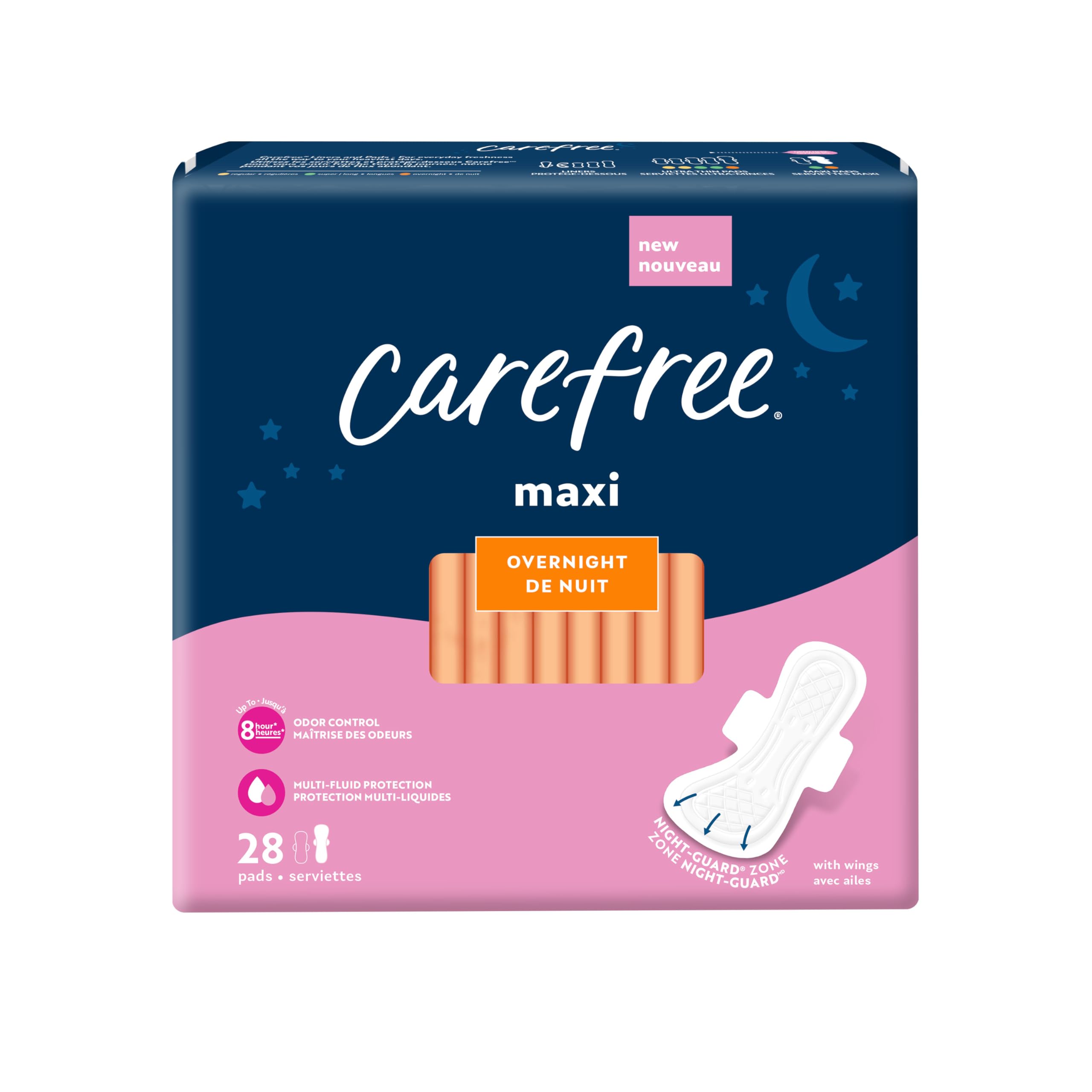 Carefree Overnight Maxi 28 pads with wings.